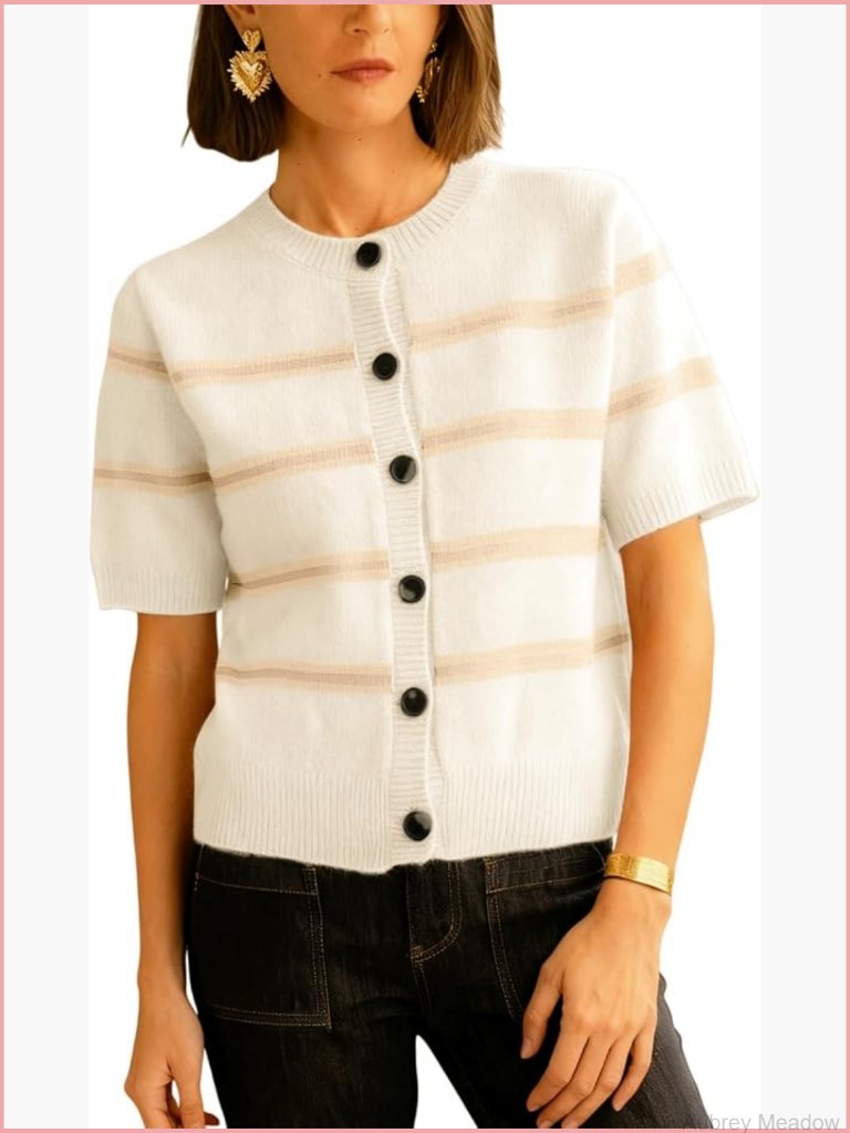 Striped Cardigan Sweater For Women Crewneck Short Sleeve Button Down Knit Tops